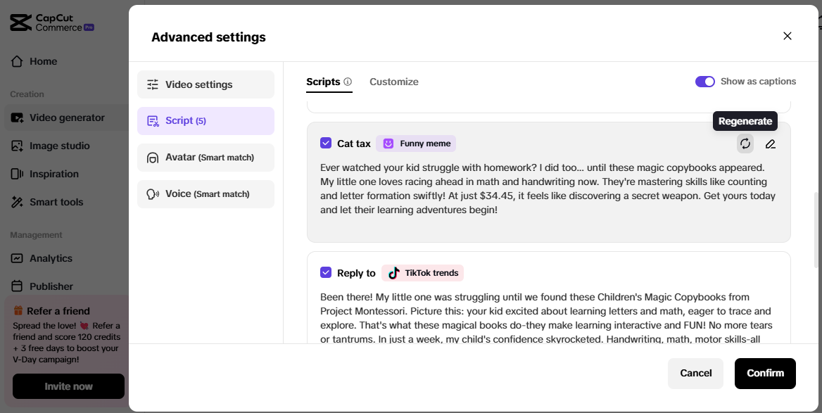 CapCut Commerce Pro advanced settings showing script generation for viral video ideas and TikTok trends.